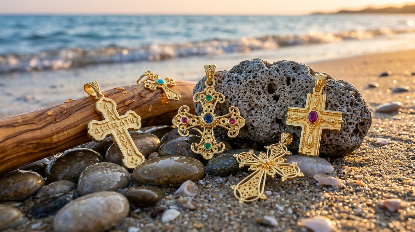 Display of handmade Byzantine Greek Orthodox gold crosses