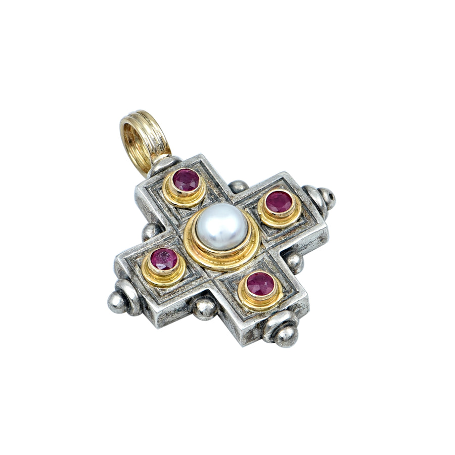 Silver & Gold Pearl & Ruby Cross