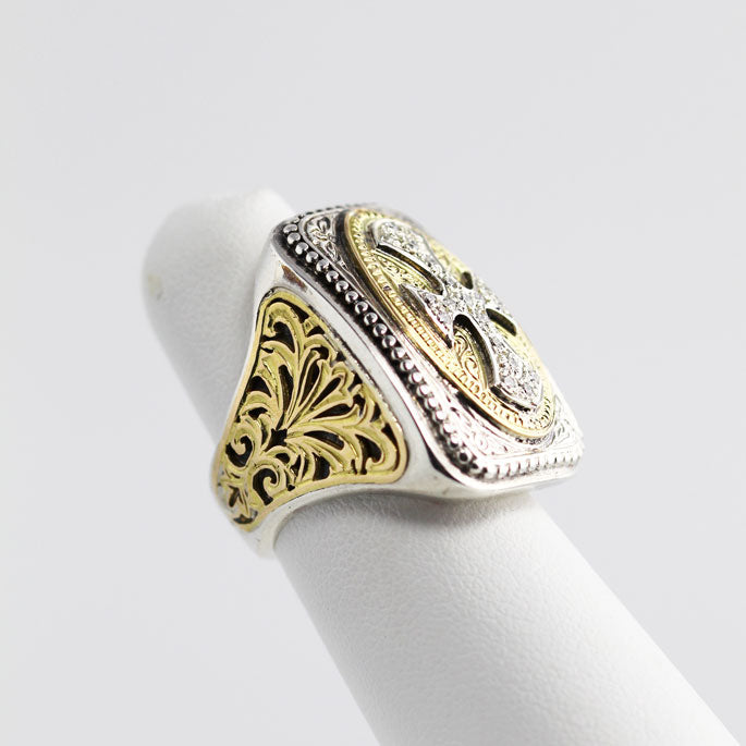 GR2526r Silver & Gold Byzantine Cross Ring w/Diamonds