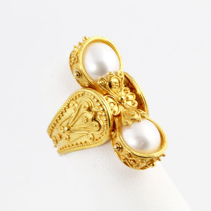 HK0417r Gold Two Pearl Ring