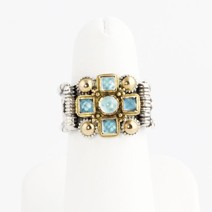 GR2204r Silver and Gold Aquamarine Cross Ring